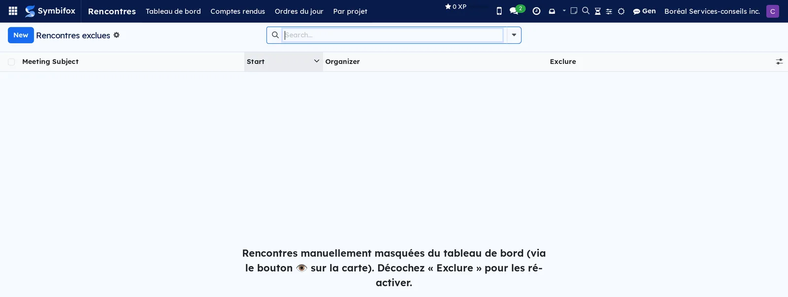Excluded meetings screen, empty on the demo, with the Meeting Subject, Start, Organizer and Exclure columns