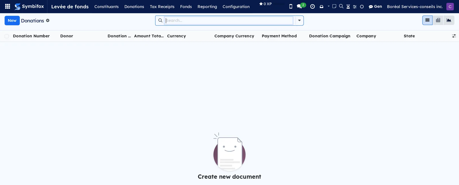 List of donations on the Boréal demo, with its columns and its empty screen