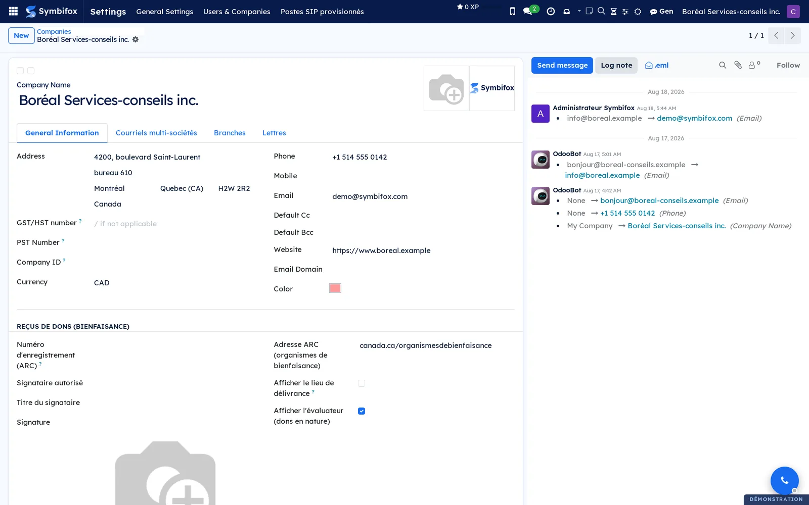 Company form of Boréal Services-conseils inc., General Information tab, with the logo and the chatter of changes
