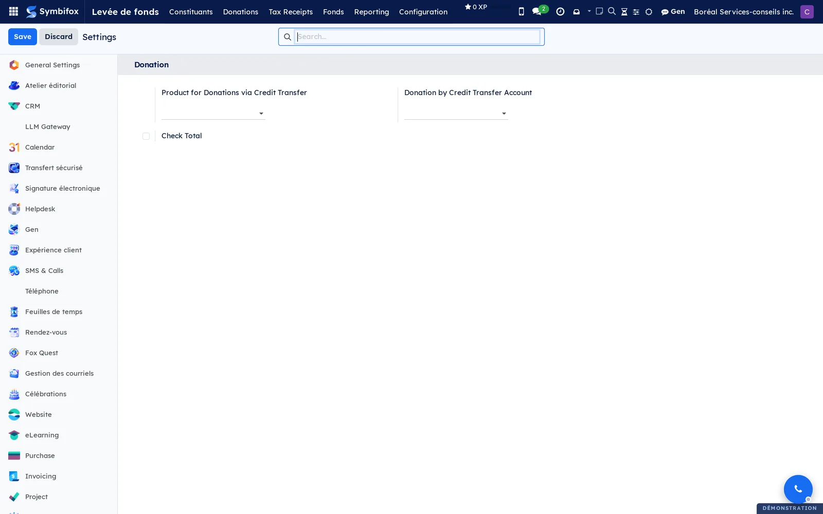 Donation section of the settings on the Boréal demo, with the donation product, the transfer account and the total check box