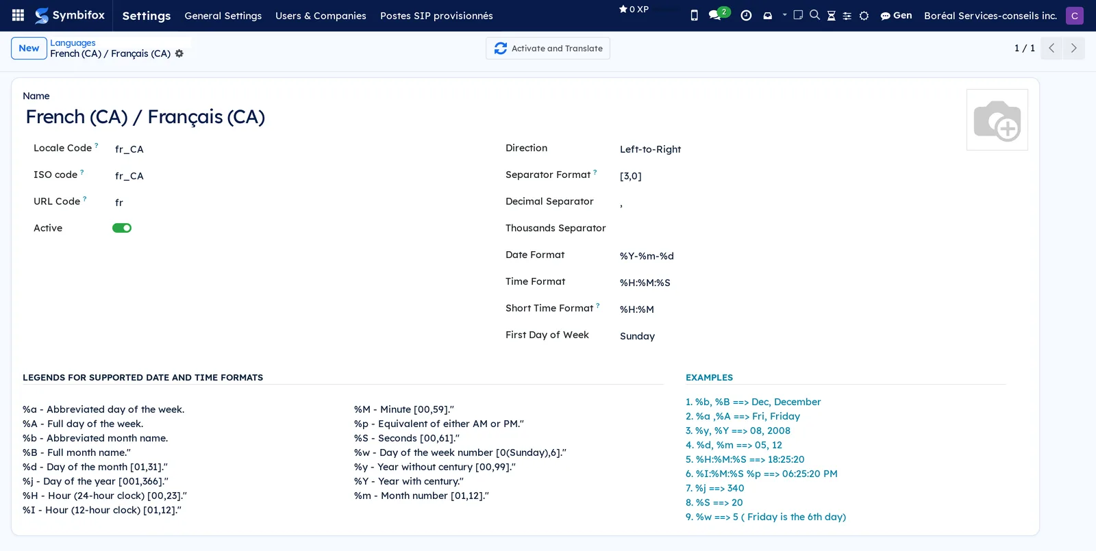 Form of the French (CA) / Français (CA) language with the codes, the date and time formats and the Activate and Translate button