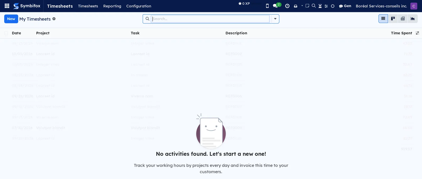 My Timesheets screen with no lines, showing the help text that invites you to track your hours by project