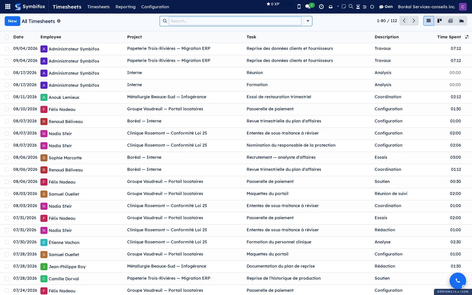 List of all of Boréal's timesheets, with the Date, Employee, Project, Task, Description and Time Spent columns
