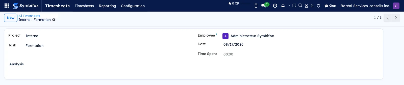 Timesheet line form with Project, Task, description, Employee, Date and Time Spent