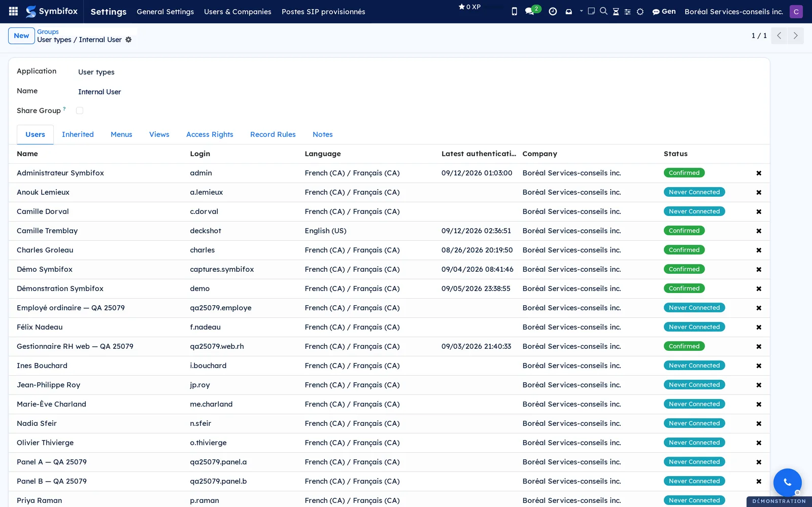 Internal User group form, Users tab, with the Name, Login, Language, Latest authentication, Company and Status columns