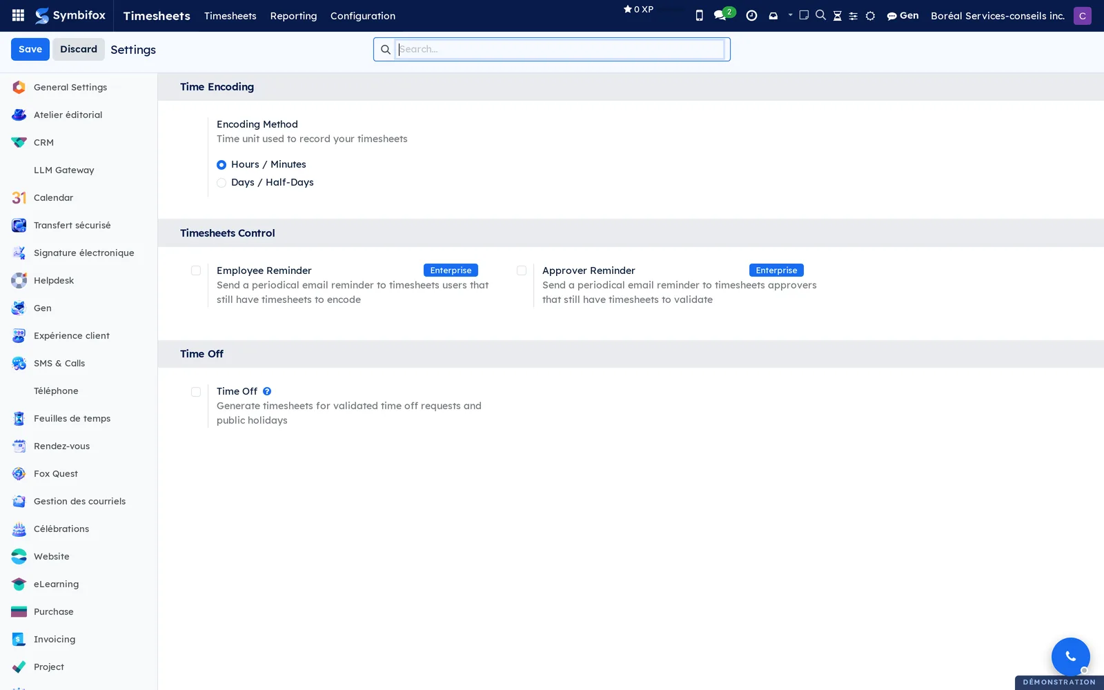 Settings page, timesheets section, with the encoding method and the control options