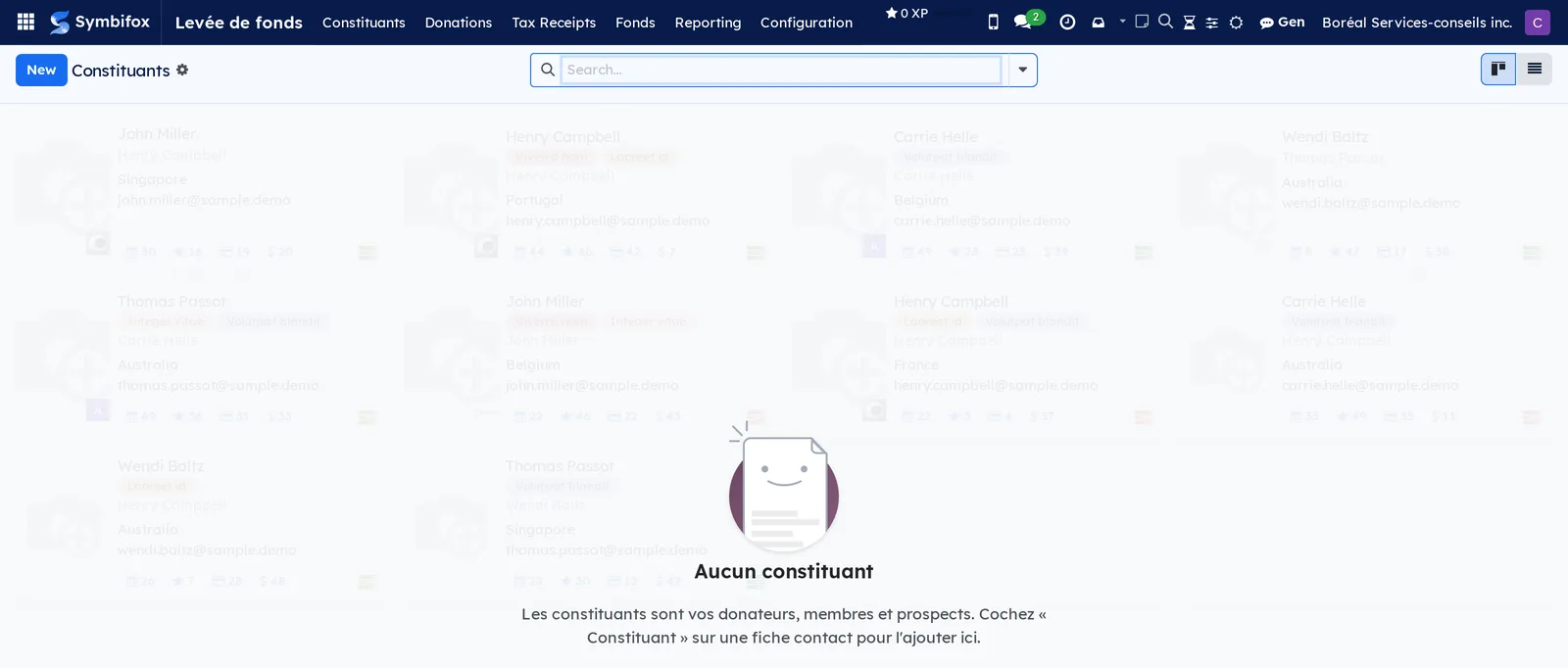 Empty constituents screen on the Boréal demo, with the help text that explains how to add a constituent