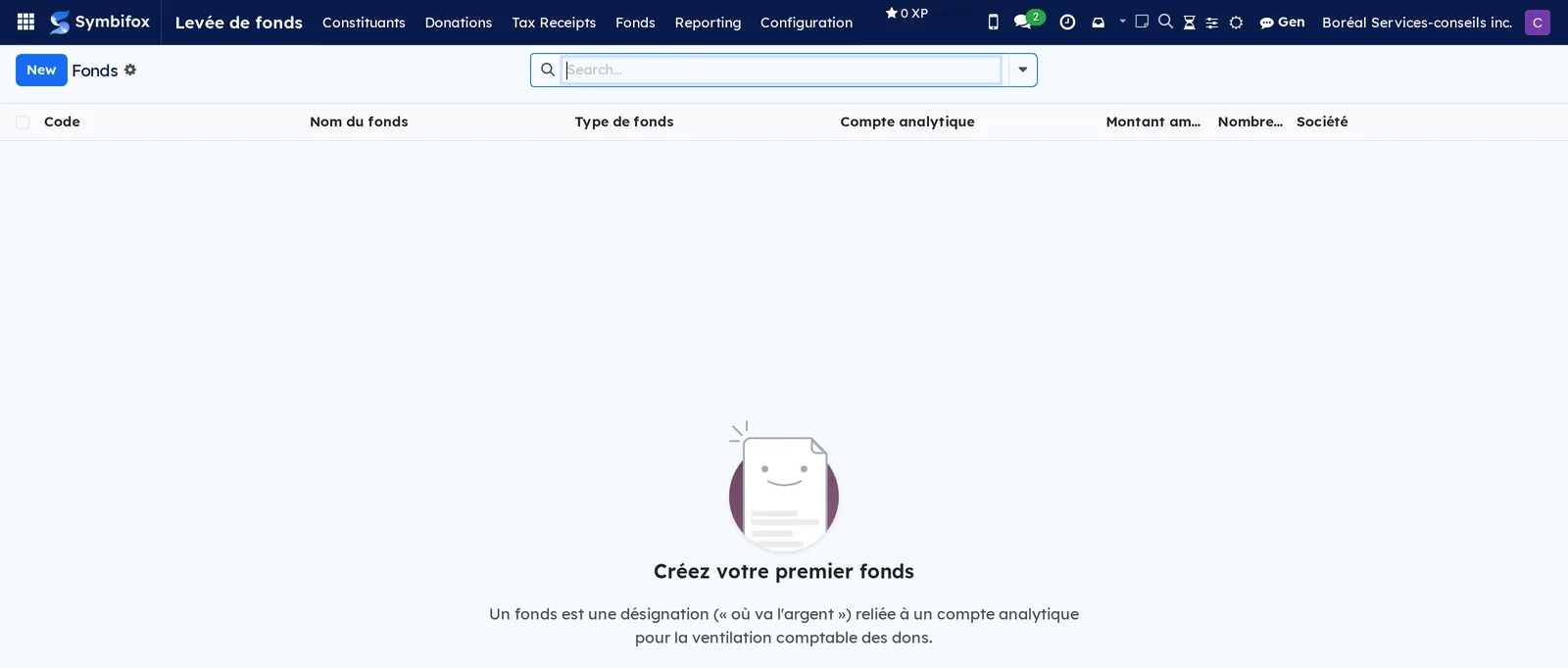 Empty funds screen on the Boréal demo, with the help text that defines a fund