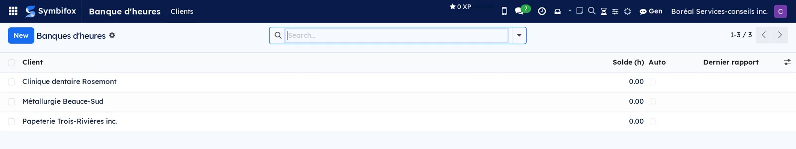 List of Boréal's hour banks, one line per client with the balance in hours, the Auto box and the date of the last report