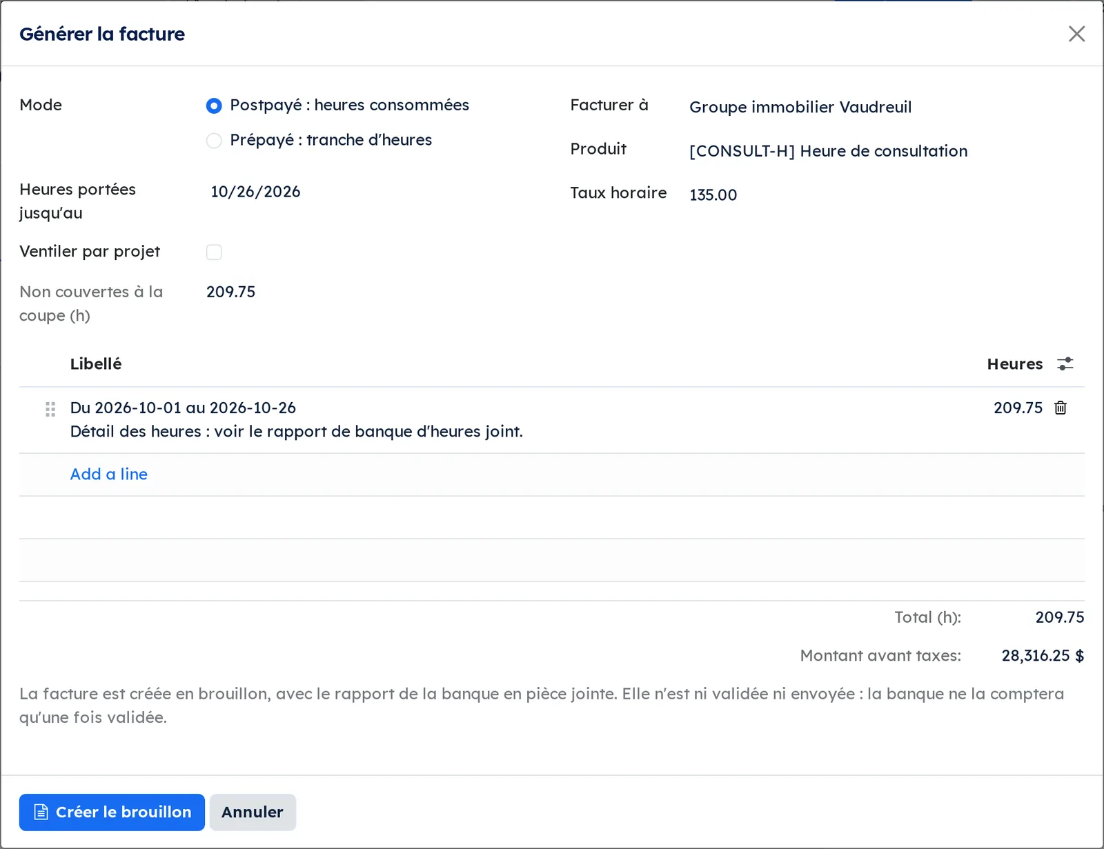 Générer la facture wizard on the Groupe immobilier Vaudreuil bank: post-paid, 209.75 hours at 135.00 on one line