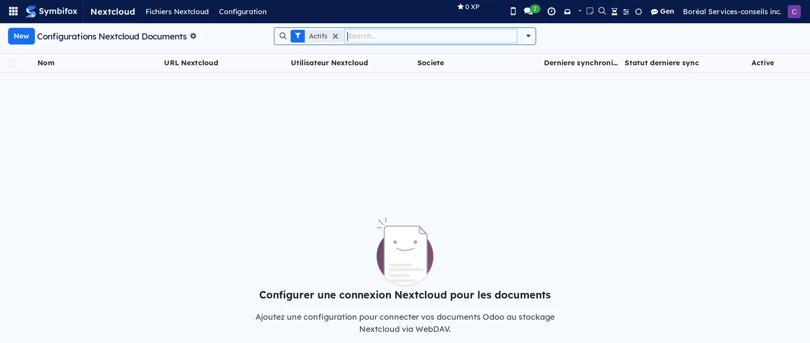 Nextcloud configuration screen on the demo, empty, with its invitation to create a connection