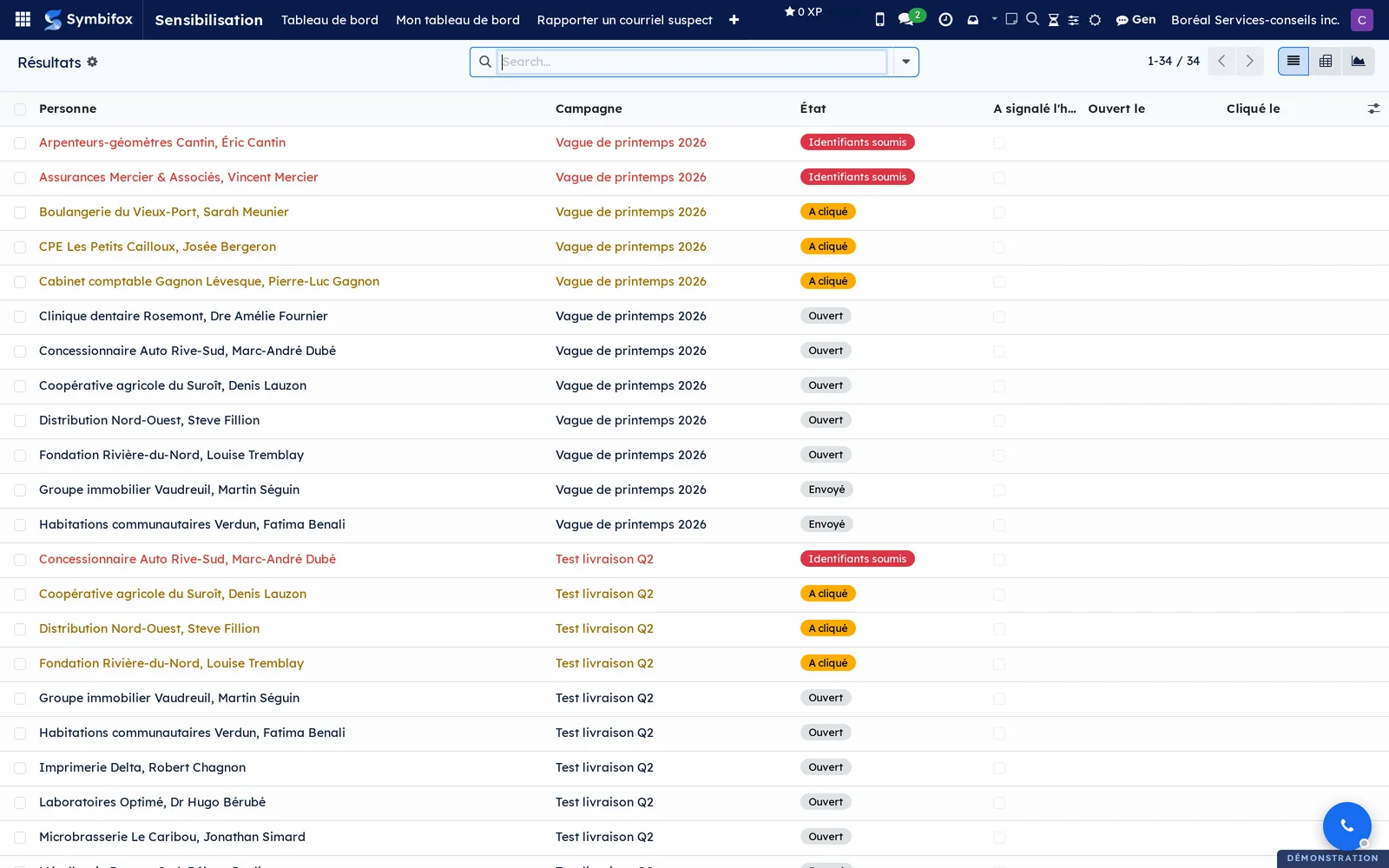 List of the demo's 34 results: person, campaign, state, send, open and click dates, report