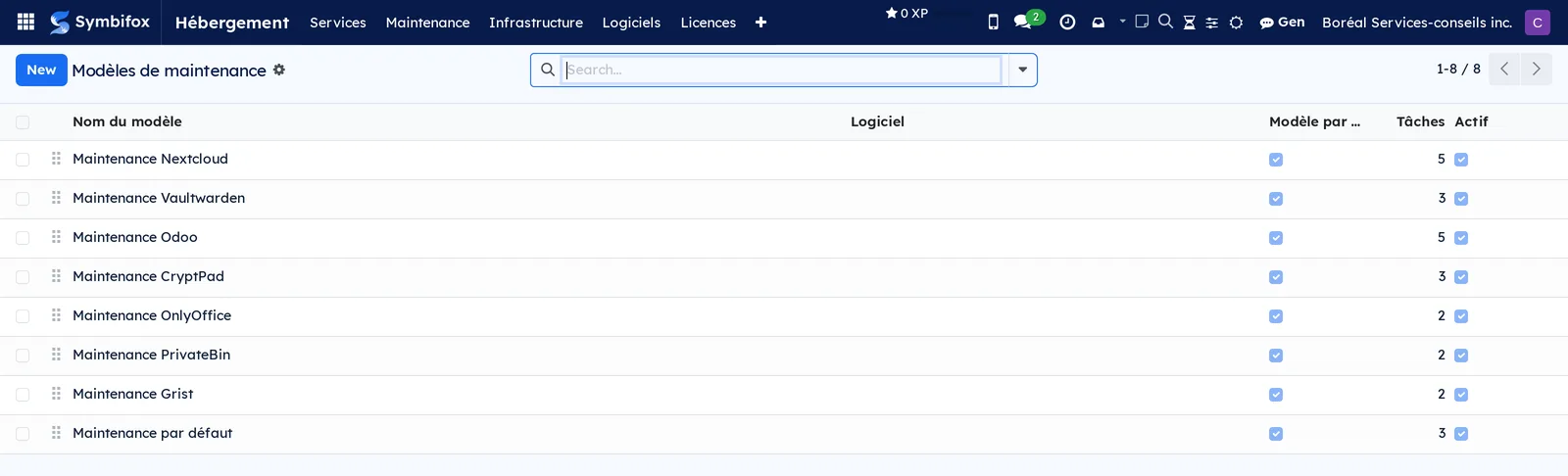 List of maintenance templates with the number of tasks in each one
