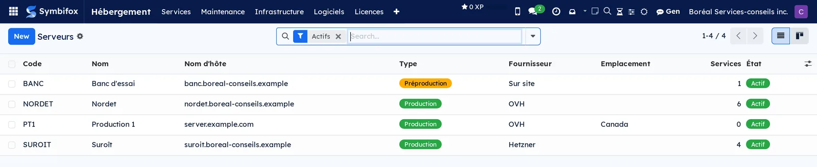 List of the demo's four servers with their code, their hostname, their type, their provider and their number of services