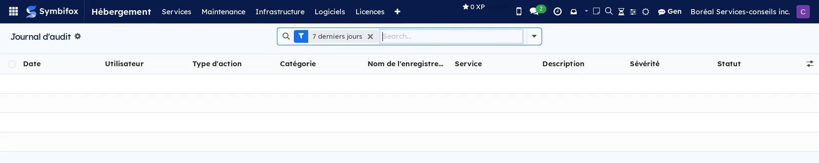 Hosting audit log, open on the last seven days filter