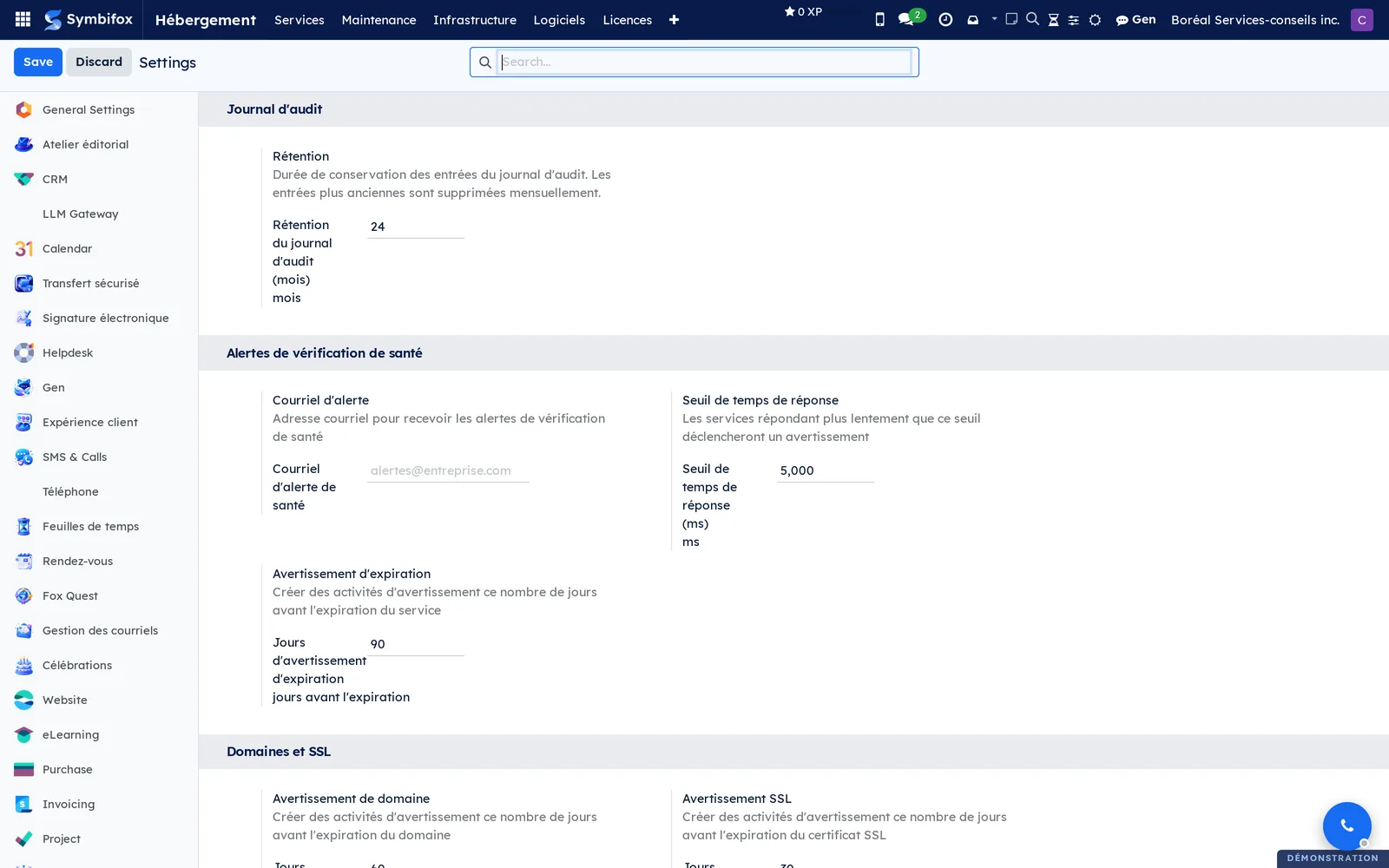 Hosting settings page, with the Journal d'audit, Alertes de vérification de santé and Domaines et SSL sections