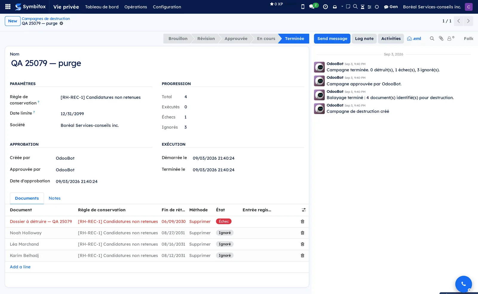 Destruction campaign form, with the Balayer les documents and Approuver buttons and the Documents tab