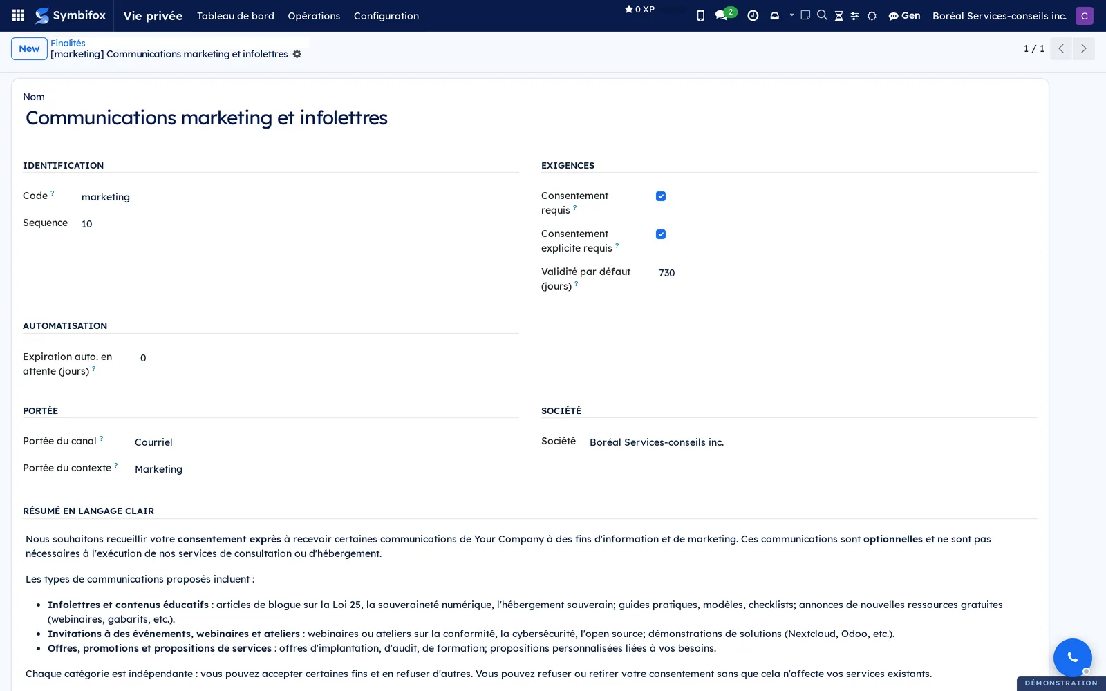 Marketing purpose form: code, consent required, express opt-in, 730-day validity, scope and plain-language summary