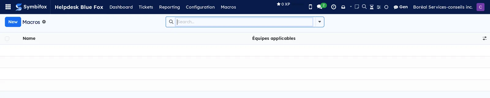 Boréal's empty Macros list, with the Name and Équipes applicables columns