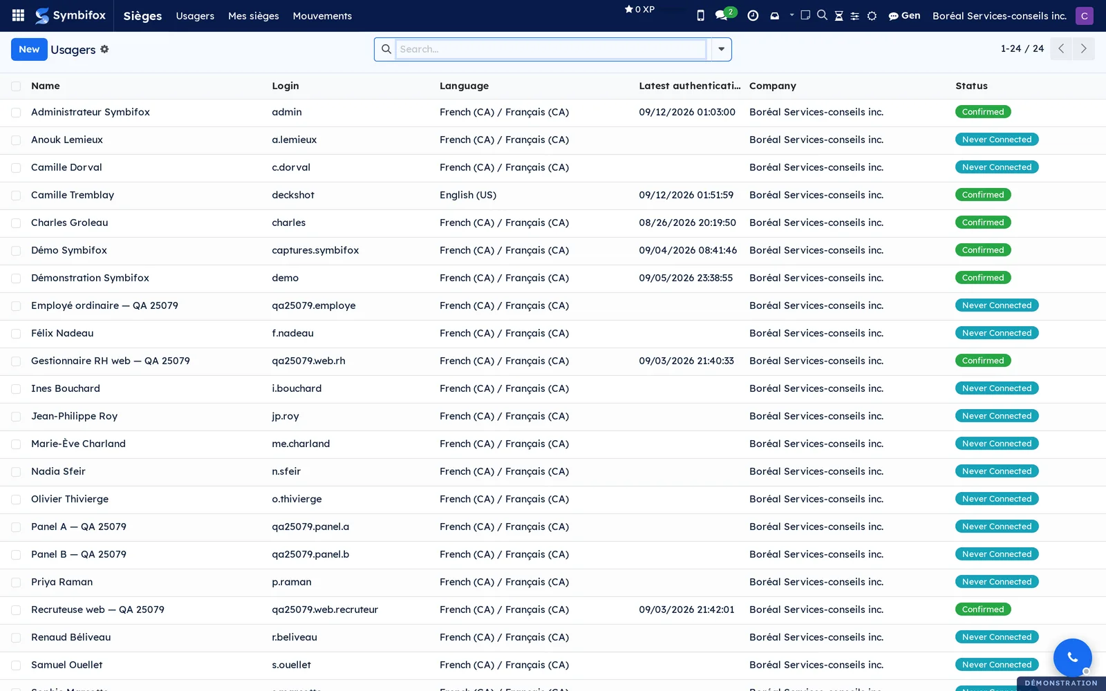 List of the demo's users with name, login, language, latest authentication and status