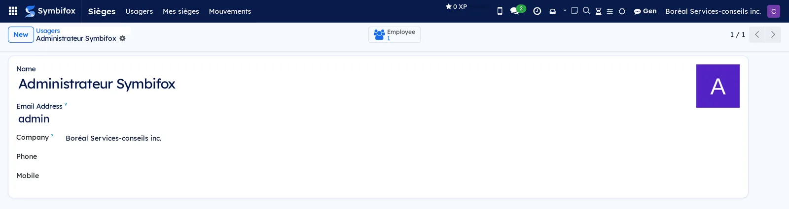 Account form opened from the Usagers menu, with name, address, company and the shortcut to the employee record