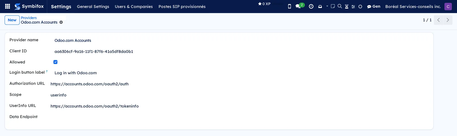 Odoo.com Accounts OAuth provider form with the client ID, the Allowed checkbox and the authorization addresses