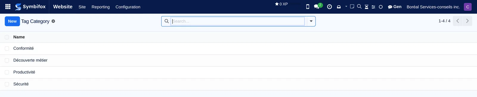 List of the four blog tag categories: Conformité, Découverte métier, Productivité and Sécurité