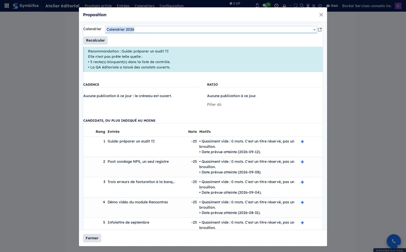 Proposal dialog: recommendation, cadence, ratio and ranking of candidates with their score and reasons