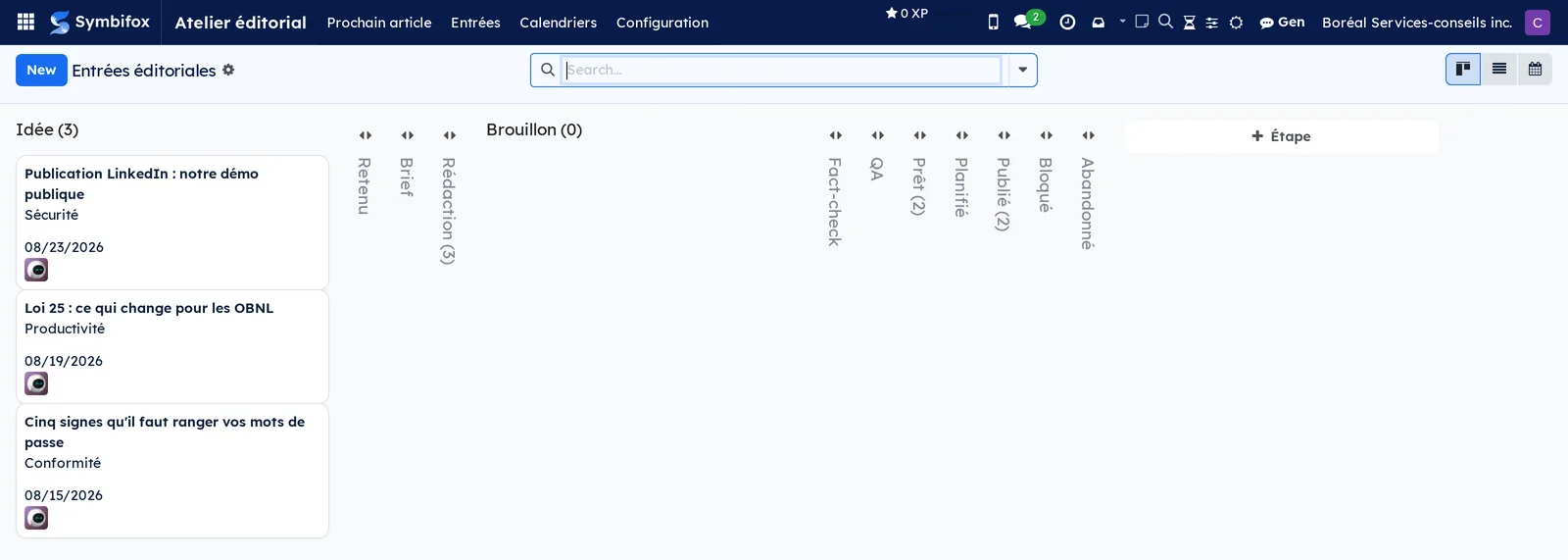 Kanban of editorial entries: Idée, Retenu, Brief, Rédaction and the following columns, with the pillar and date on each card