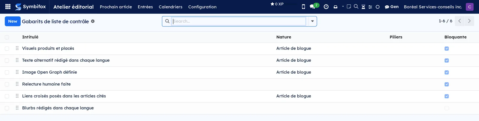 List of the six checklist templates with their nature, their pillars and the Bloquante column