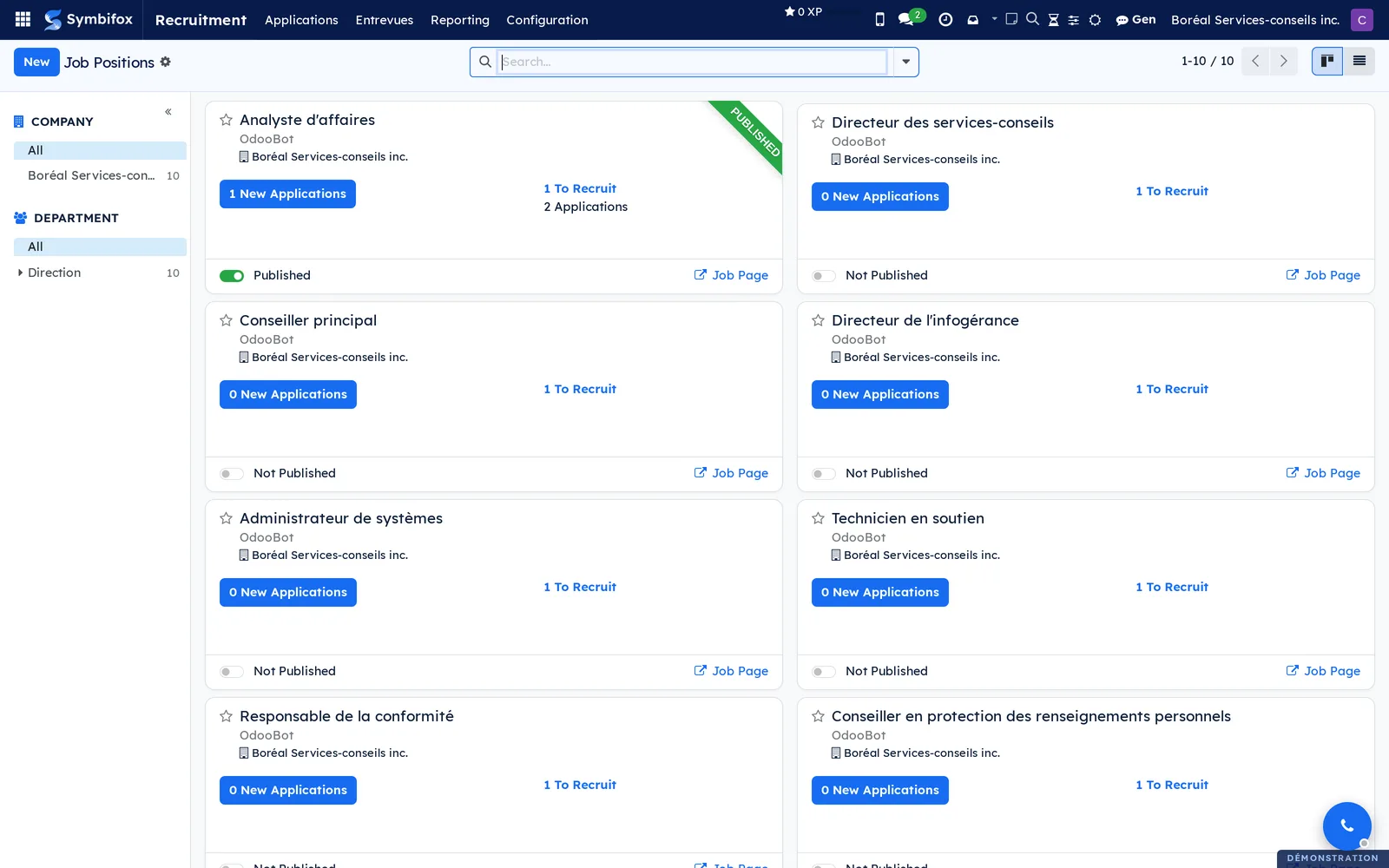 By Job Positions screen of the Recruitment application, one card per open position