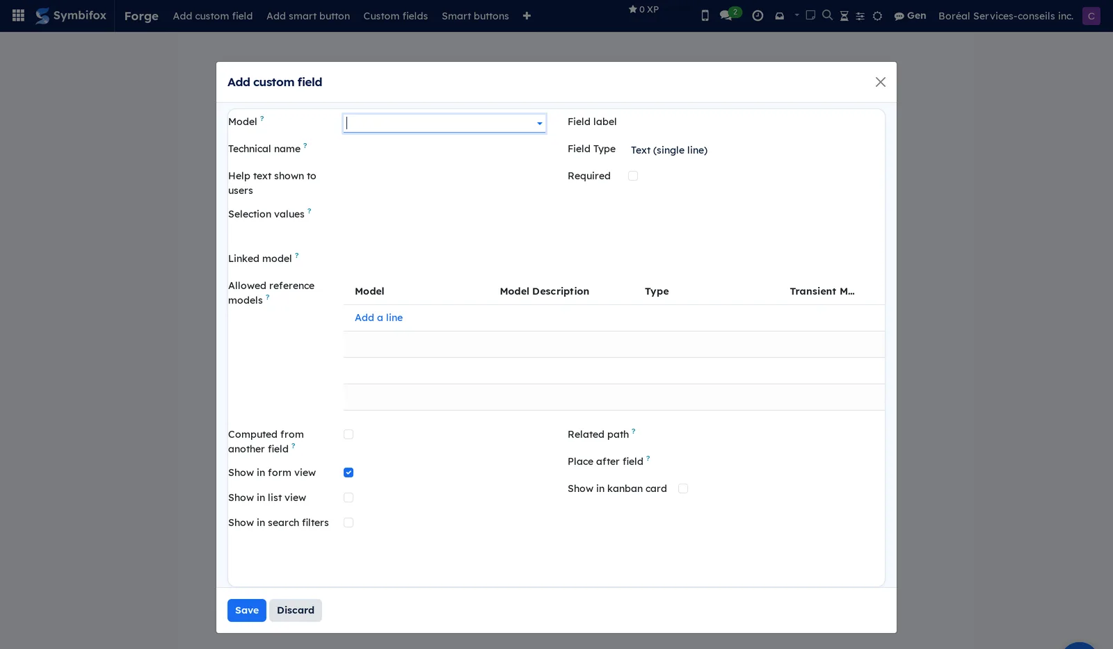 Add custom field screen, with the model, field label, field type and the checkboxes for display in each view