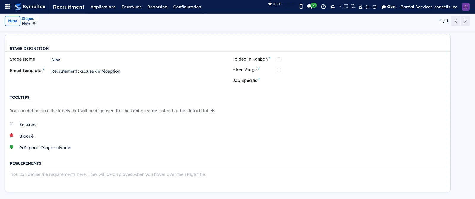 New stage: name, Recruitment: Application Acknowledgement template, kanban options, In Progress, Blocked and Ready for Next Stage tooltips