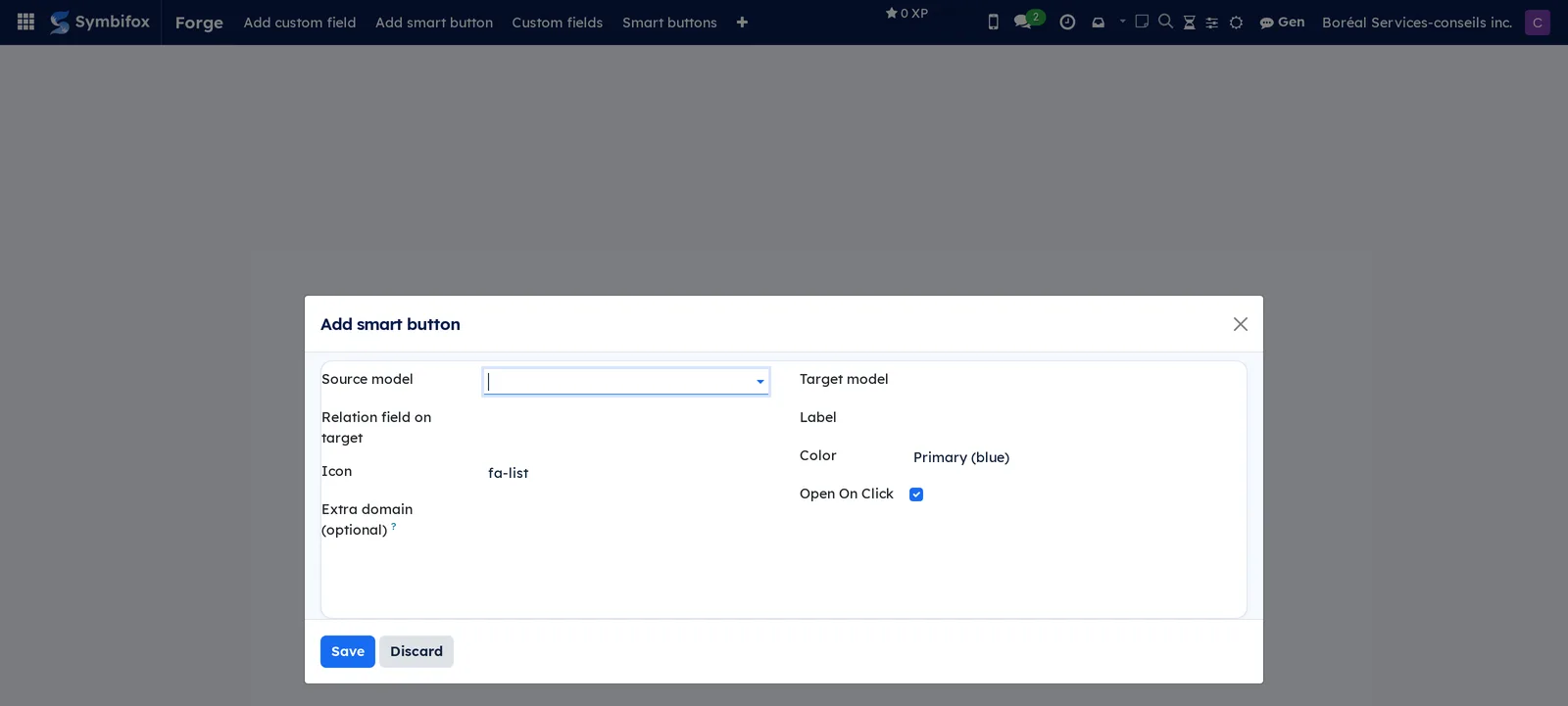 Screen for adding a stat button, with the source model, target model, relation field, label and colour