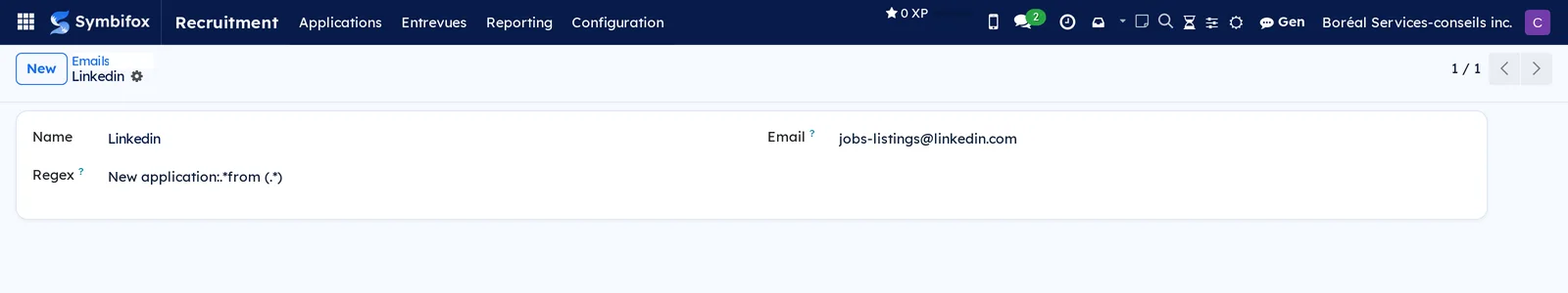 Linkedin platform: name, address the applications are sent from, and the expression that extracts the candidate's name