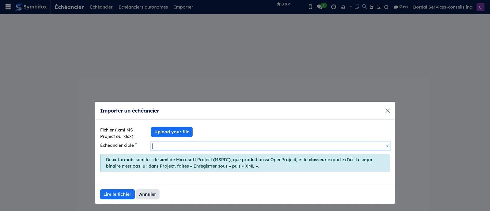 Importer un échéancier dialog with the Upload your file button, the Échéancier cible field and the accepted formats