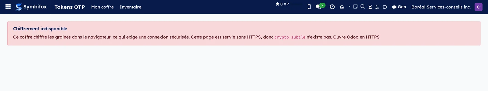 “Chiffrement indisponible” banner on the demo's Mon coffre screen, served without HTTPS