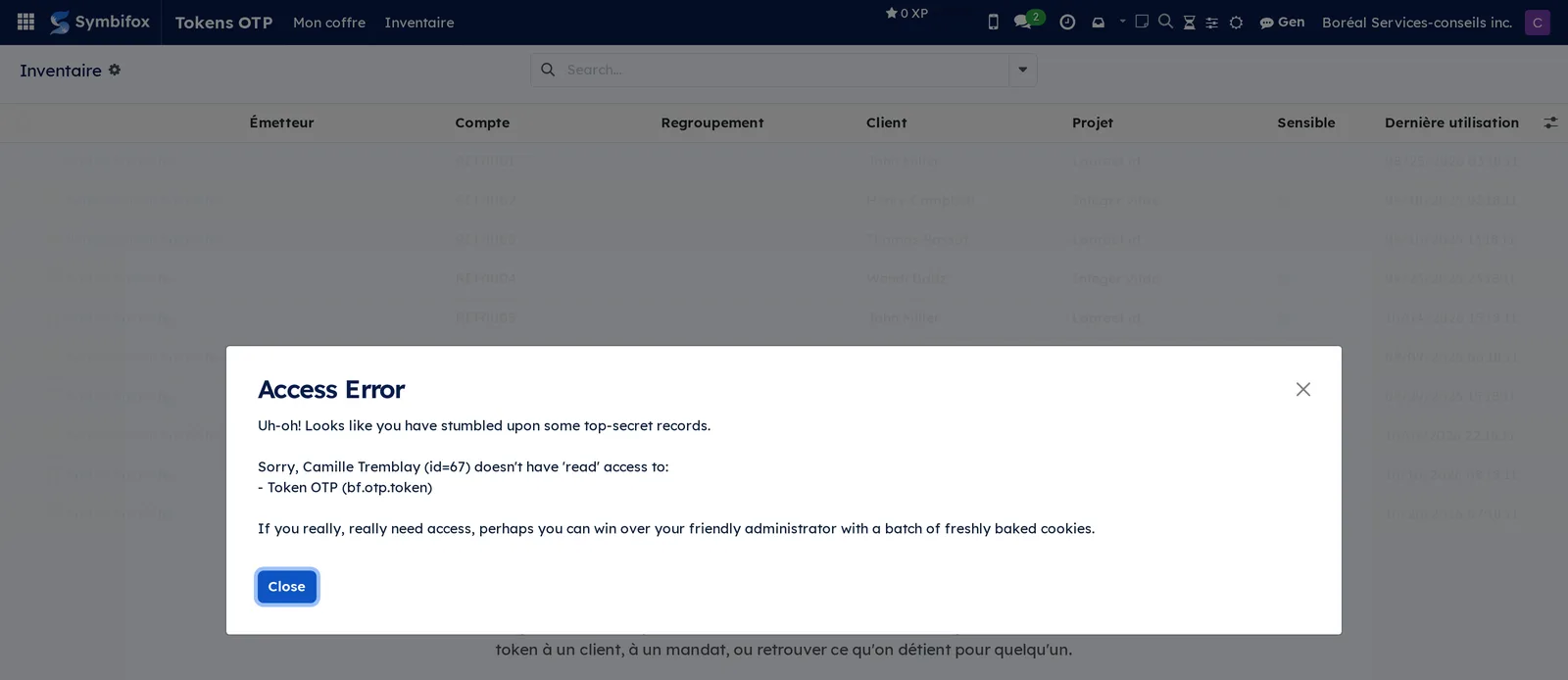 Access error message for a token that belongs to another person