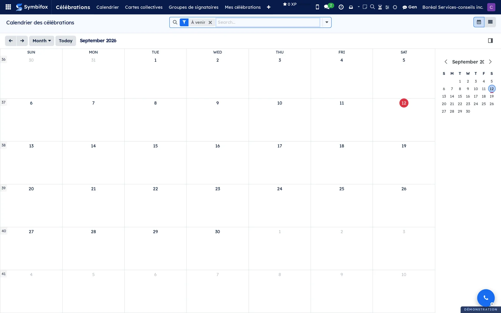 Celebrations calendar, empty on the demo, with its help text about where occasions come from
