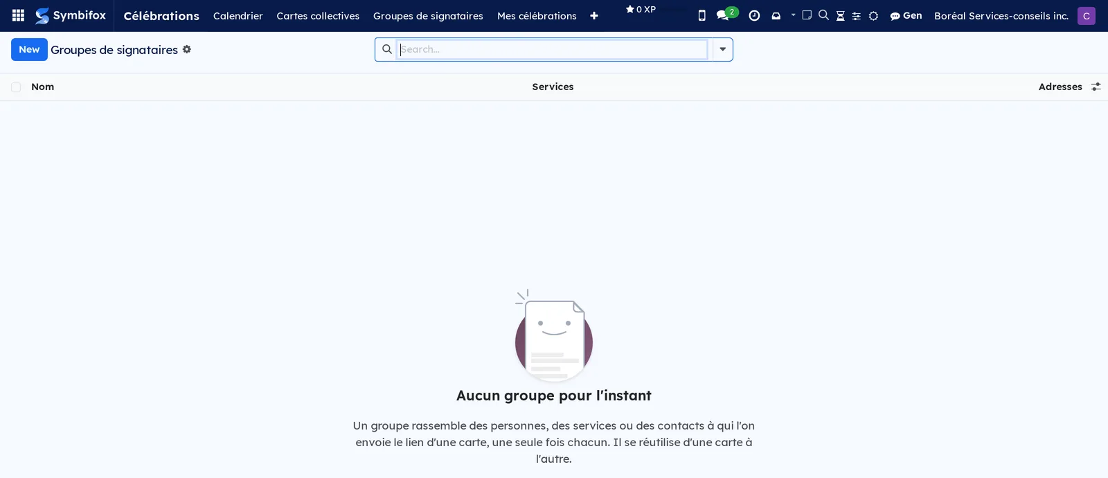 Signer groups, empty on the demo, with its help text on what a group gathers