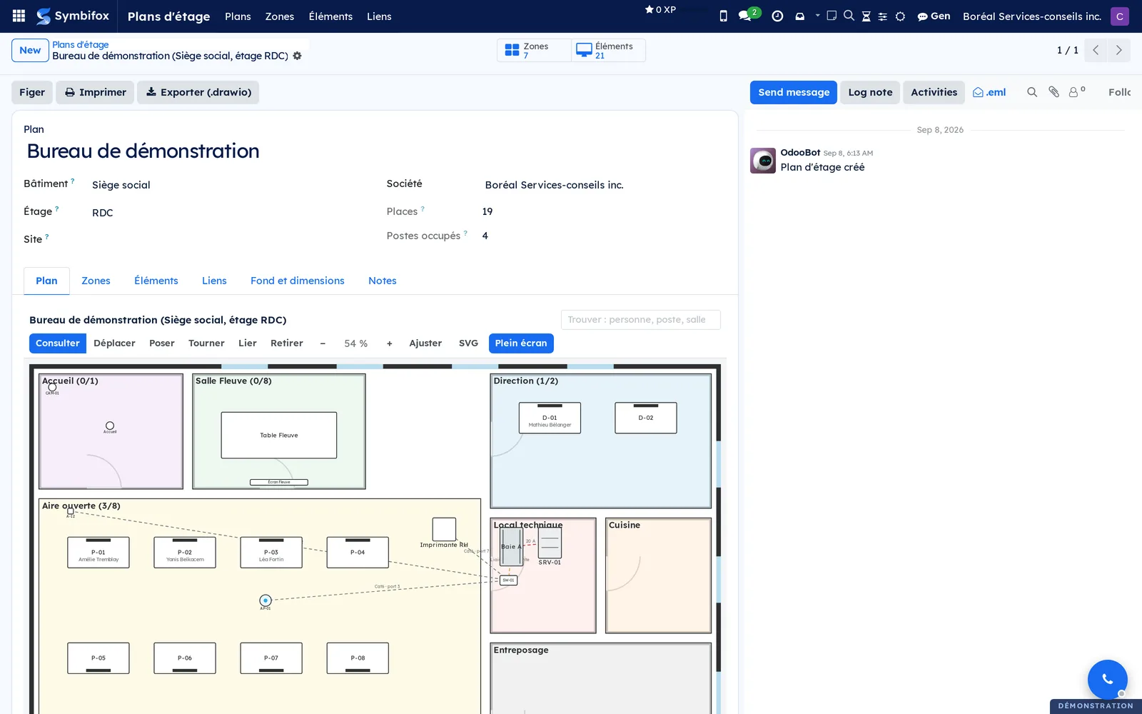 The Boréal demo plan record, Plan tab: the floor drawing with its zones, workstations and cables, and the Figer, Imprimer and Exporter buttons