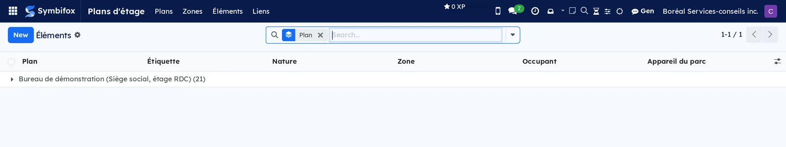 List of the demo's 21 elements: plan, label, kind, zone and occupant of each placed shape