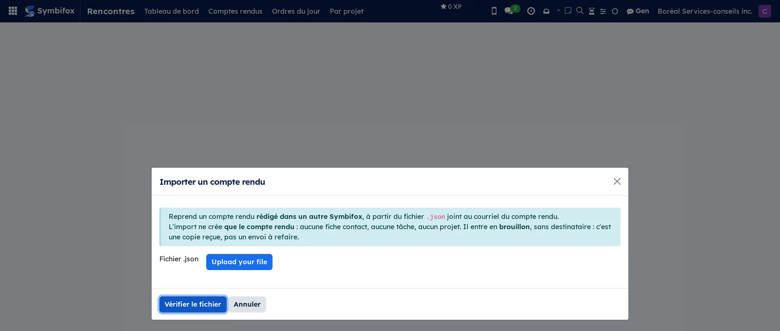 Import window for a meeting report, with the file upload and the Vérifier le fichier and Annuler buttons