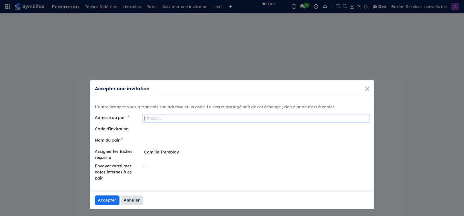 Accepter une invitation window: address of the inviting instance, code received, name to give the peer, and who is assigned incoming objects