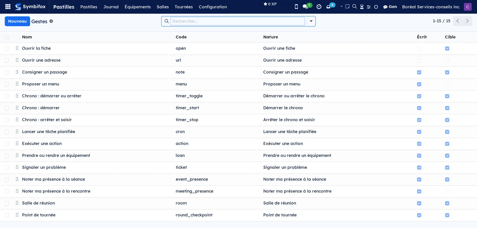 List of installed gestures with their kind and the Writes and Reserved for managers checkboxes
