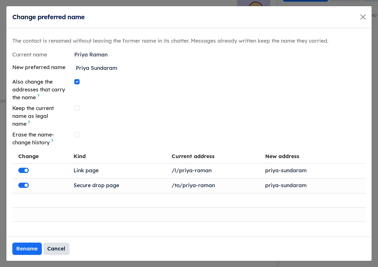 Change preferred name dialog filled in with Priya Sundaram, address box checked: the link page and the drop page proposed as priya-sundaram