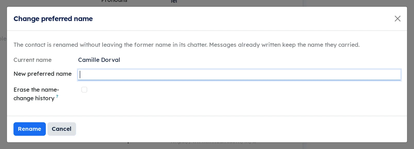 Change preferred name dialog for Camille Dorval: no legal name box, since the record already has one, and the Erase the name-change history box