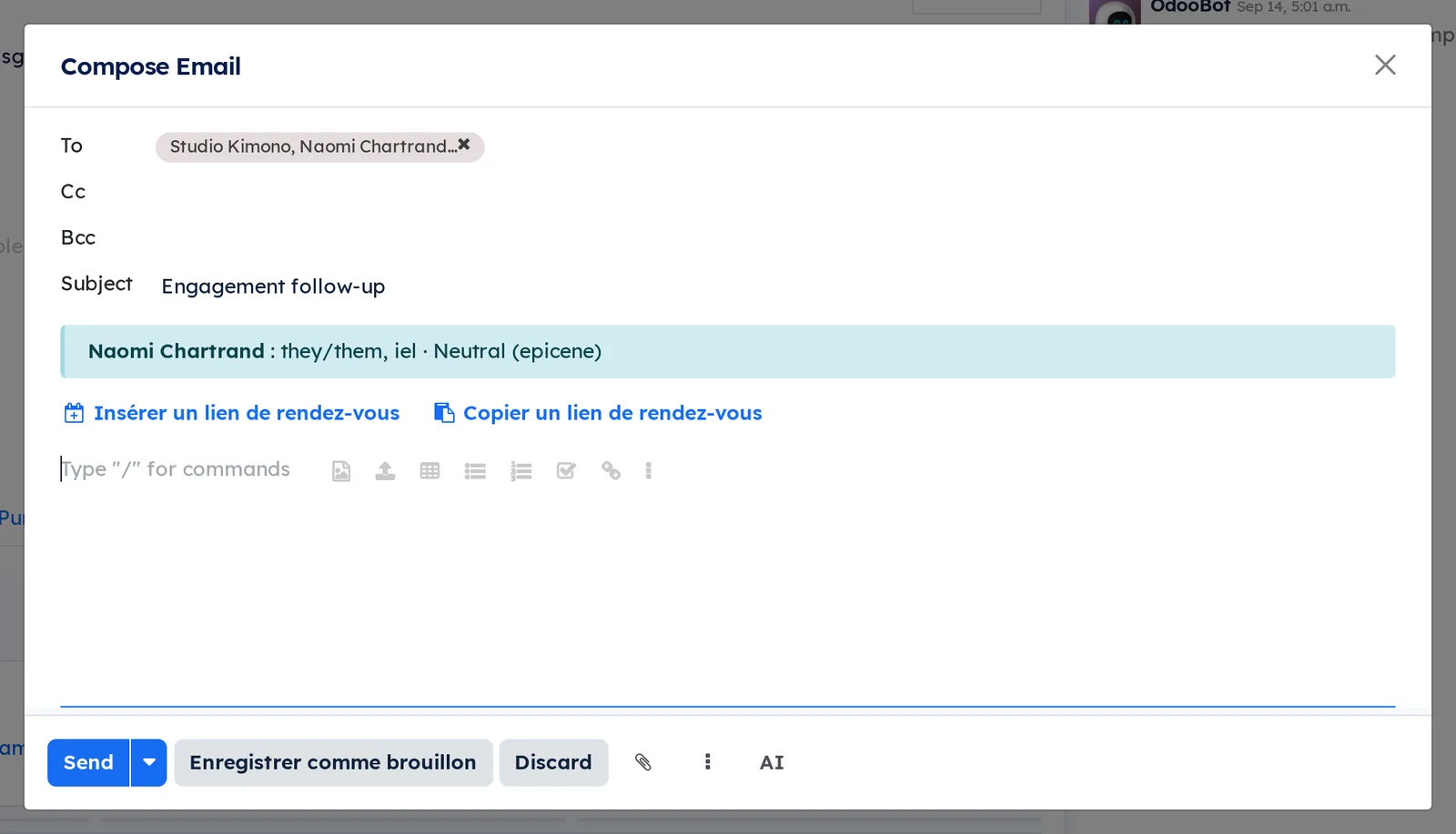 Composing an email to Naomi Chartrand: the banner under the subject shows they/them, iel and Neutral (epicene)