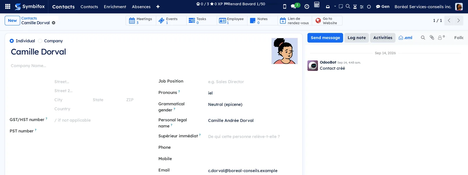 Camille Dorval's record: under Job Position, Pronouns (iel), Grammatical gender (Neutral) and Personal legal name (Camille Andrée Dorval)