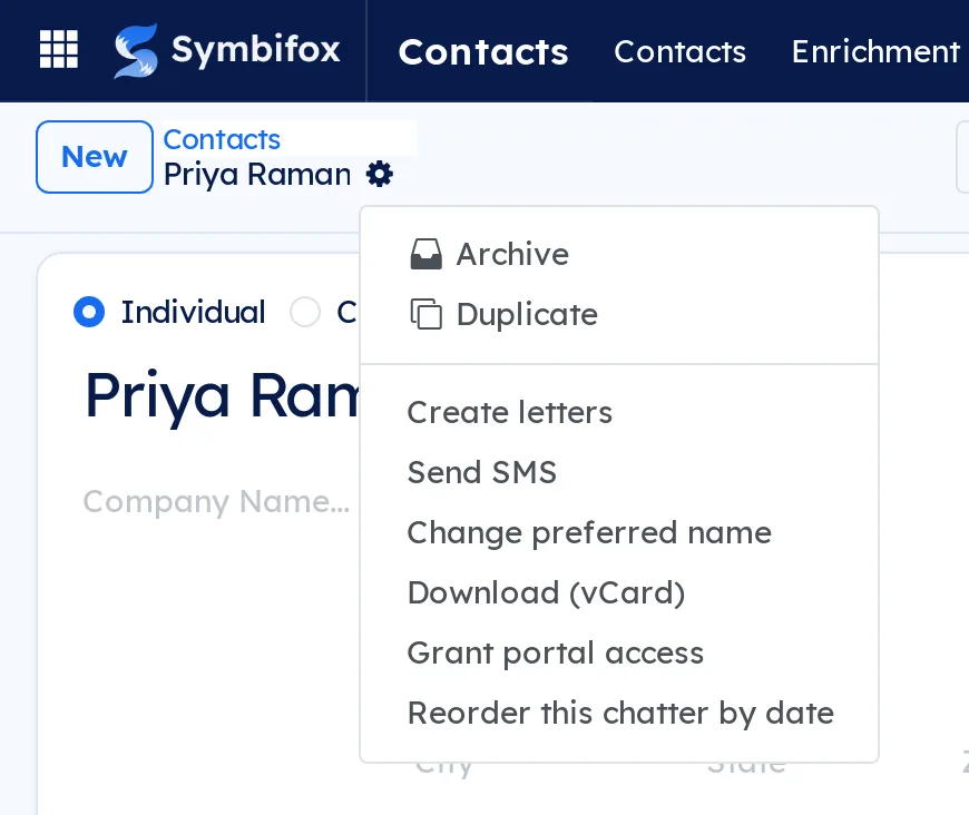Action menu on Priya Raman's record: below Create letters and Send SMS, the Change preferred name entry